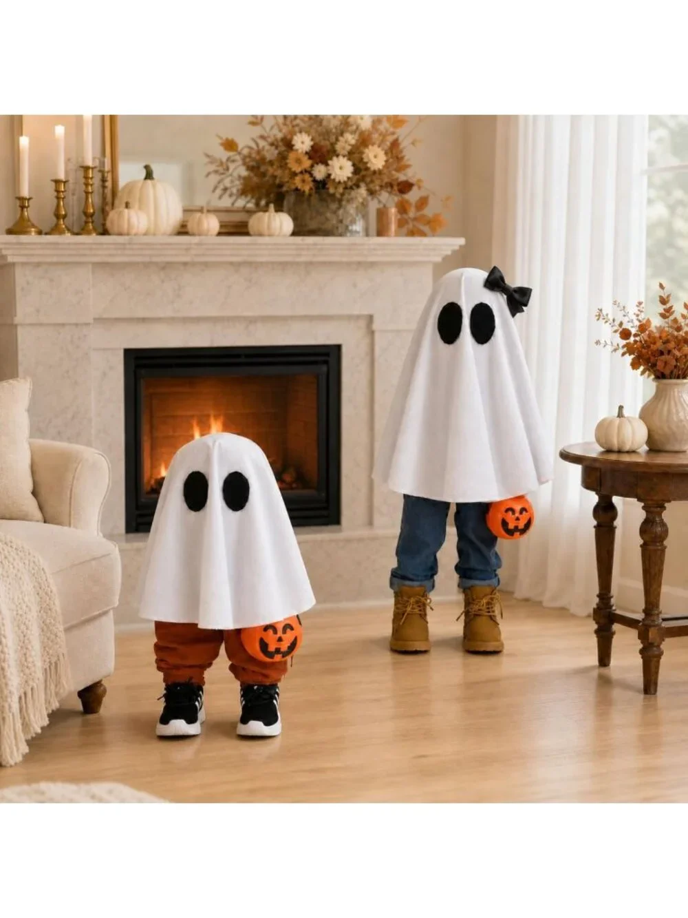 Adorable Halloween Ghosts with Pumpkin Buckets - 2 Pack Indoor/Outdoor Decor